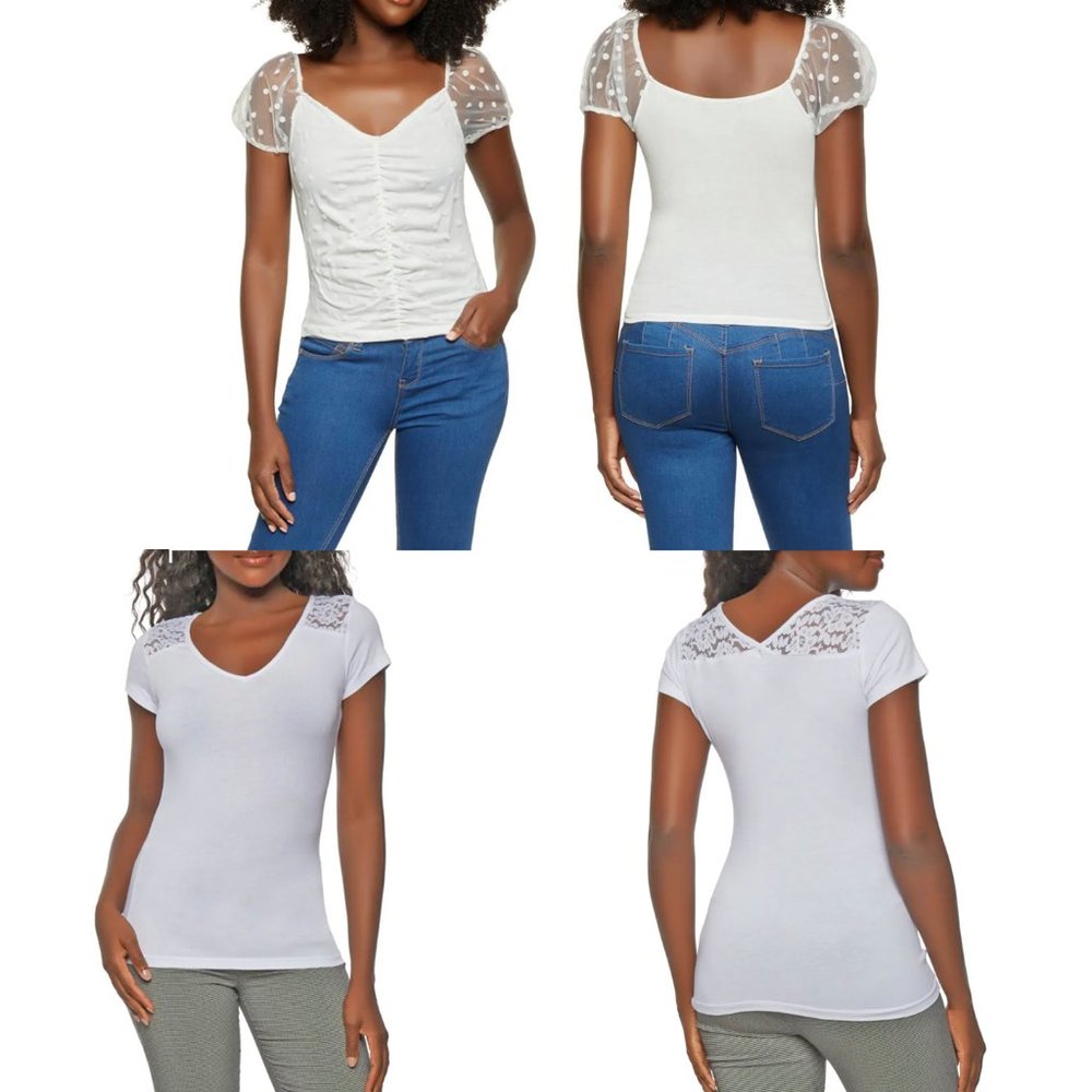 2 Brand New Tops Basic White Lace Shirt & Polka Dot‎ Ruffle Ruched Ivory Top